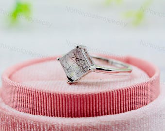 MHT　Miniature Princess Ring (Spinnel) Rutile Quartz Princess Cut Ring in Sterling Silver