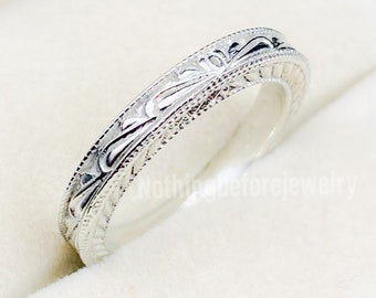14k Plain Gold Ring,14k white gold, Filigree Milgrain Edge, Floral Design, Wedding Ring, Wedding Band, Anniversary Ring, Retro Vintage