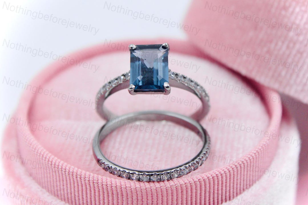 Emerald Cut London Blue Topaz Ring Set: Sterling Silver Engagement Ring ...
