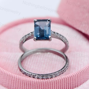 Emerald Cut London Blue Topaz Ring Set: Sterling Silver Engagement Ring