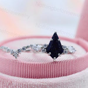 Kite Blue Sandstone Ring Set: Sterling Silver Wedding Engagement Ring