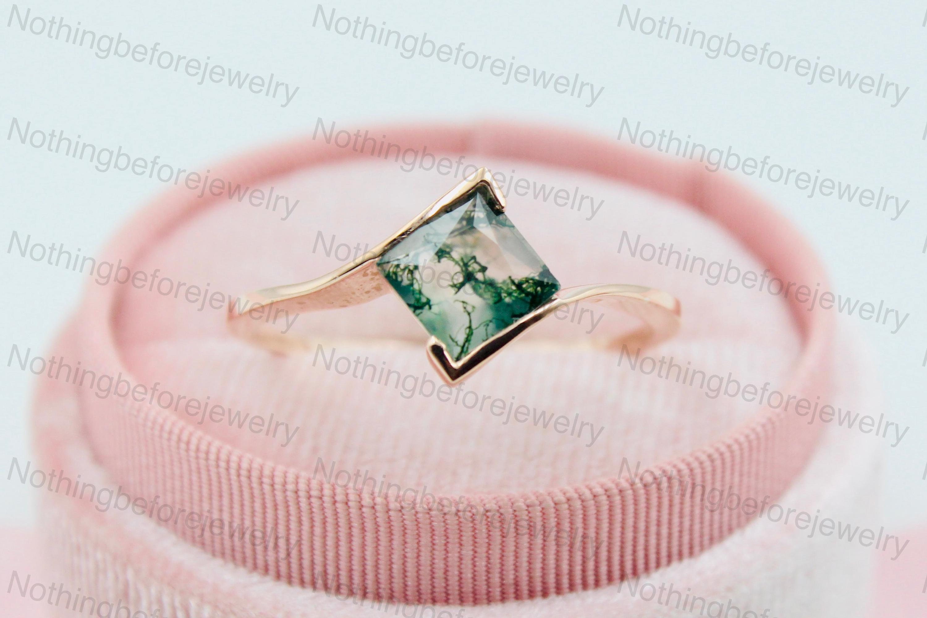 Handmade Square Moss Agate Ring: 925 Sterling Silver Rose Gold