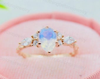 Anillo de piedra lunar en forma de pera: plata de ley chapada en oro rosa de 14 quilates, piedra natal de junio