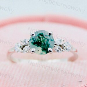 Moss Agate Round Cut Engagement Ring with Moissanite Accents in Sterling Silver | Unique Nature Inspired Green Gemstone Ring for Her