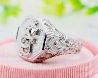 Engraved Sterling Silver Signet Ring: Dragon & Sword Crest, Medieval Style