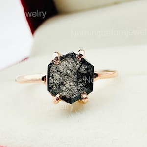 Minimalist Black Rutilated Quartz Solitaire Ring, Hexagon cut Tourmalinated Quartz Ring, Salt And Pepper Diamond Ring, Anniversary Ring Gift