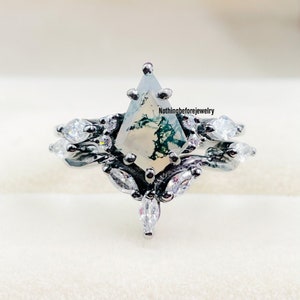 Skye Kite Green Moss Agate Ring- Sterling Silver Ring Set- Agate Engagement Ring- Promise Ring- Green Gemstone- Anniversary Gift For Her
