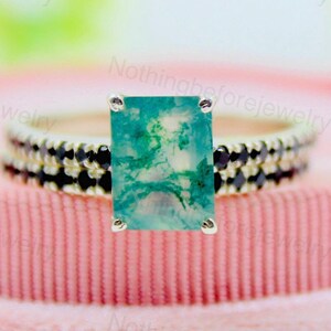 Emerald Cut Moss Agate Ring Set: Sterling Silver Boho Wedding