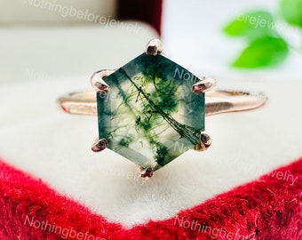 Handmade Moss Agate Hexagon Ring: 925 Sterling Silver Solitaire
