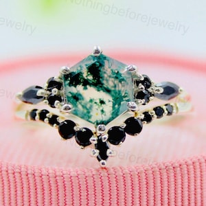 Hexagon Moss Agate Ring Set: Sterling Silver Boho Wedding Jewelry