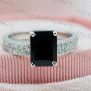 Black Onyx Ring Set: Emerald Cut, 925 Sterling Silver, Handmade