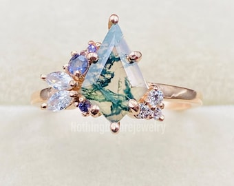 Kite Moss Agate Engagement Ring: Rose Gold Sterling Silver, May Birthstone