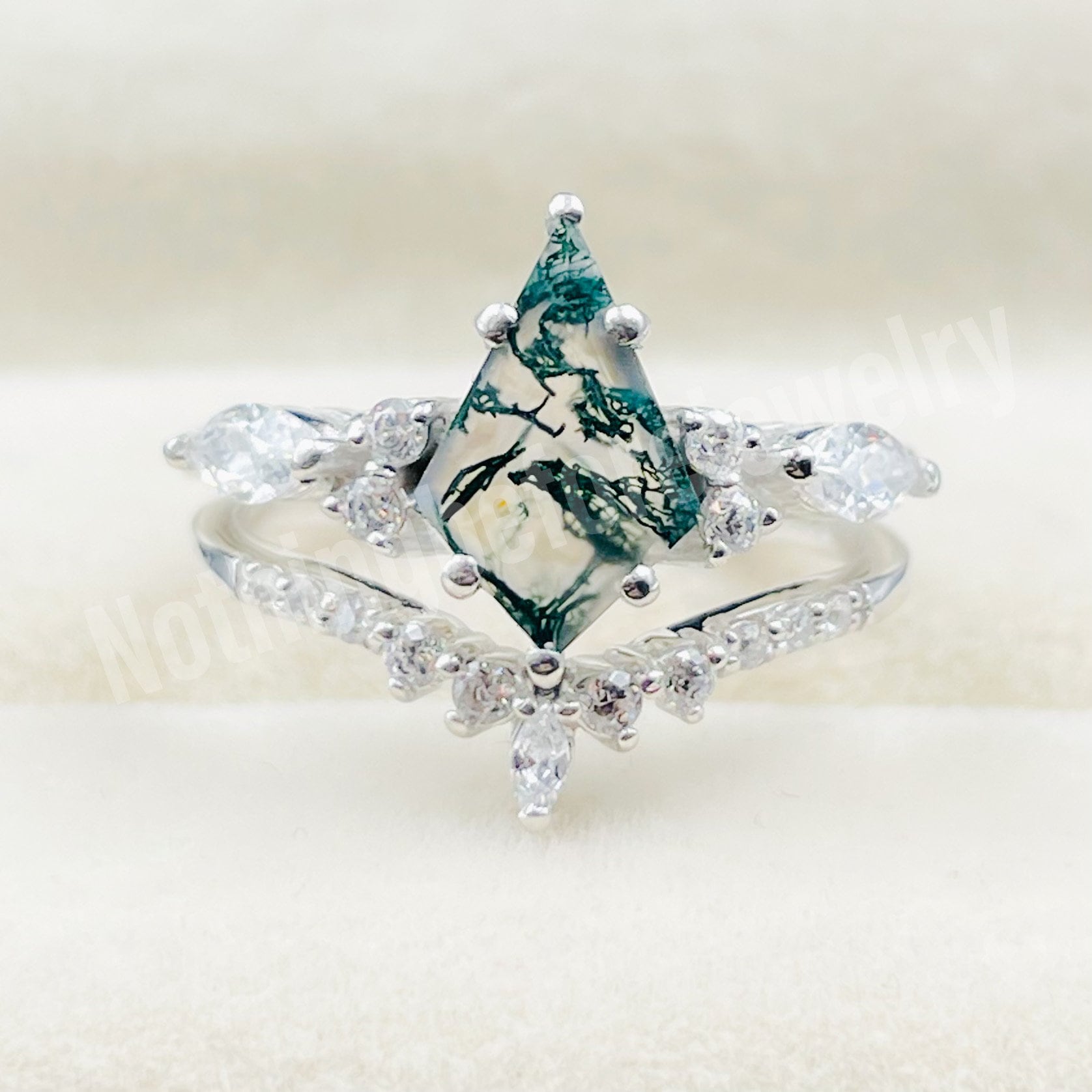 Kite Cut Moss Agate Engagement Ring Set: CZ Sterling Silver Bridal Jewelry