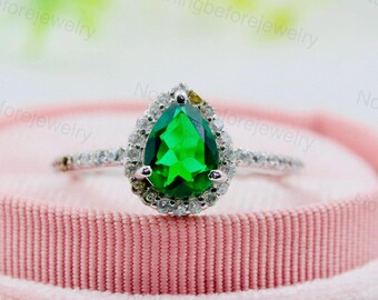 Emerald Green Pear Cut Ring CZ Halo Sterling Silver Teardrop Engagement Ring Gift Her