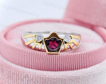 Two-Tone Gold Goron's Ruby Ring: Zelda Hylian Shield, CZ Accents