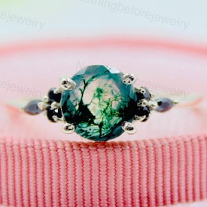 Round Moss Agate Ring in 925 Sterling Silver, Natural Green Gemstone Engagement Ring with Forest-Inspired Design for Her Anniversary Gift