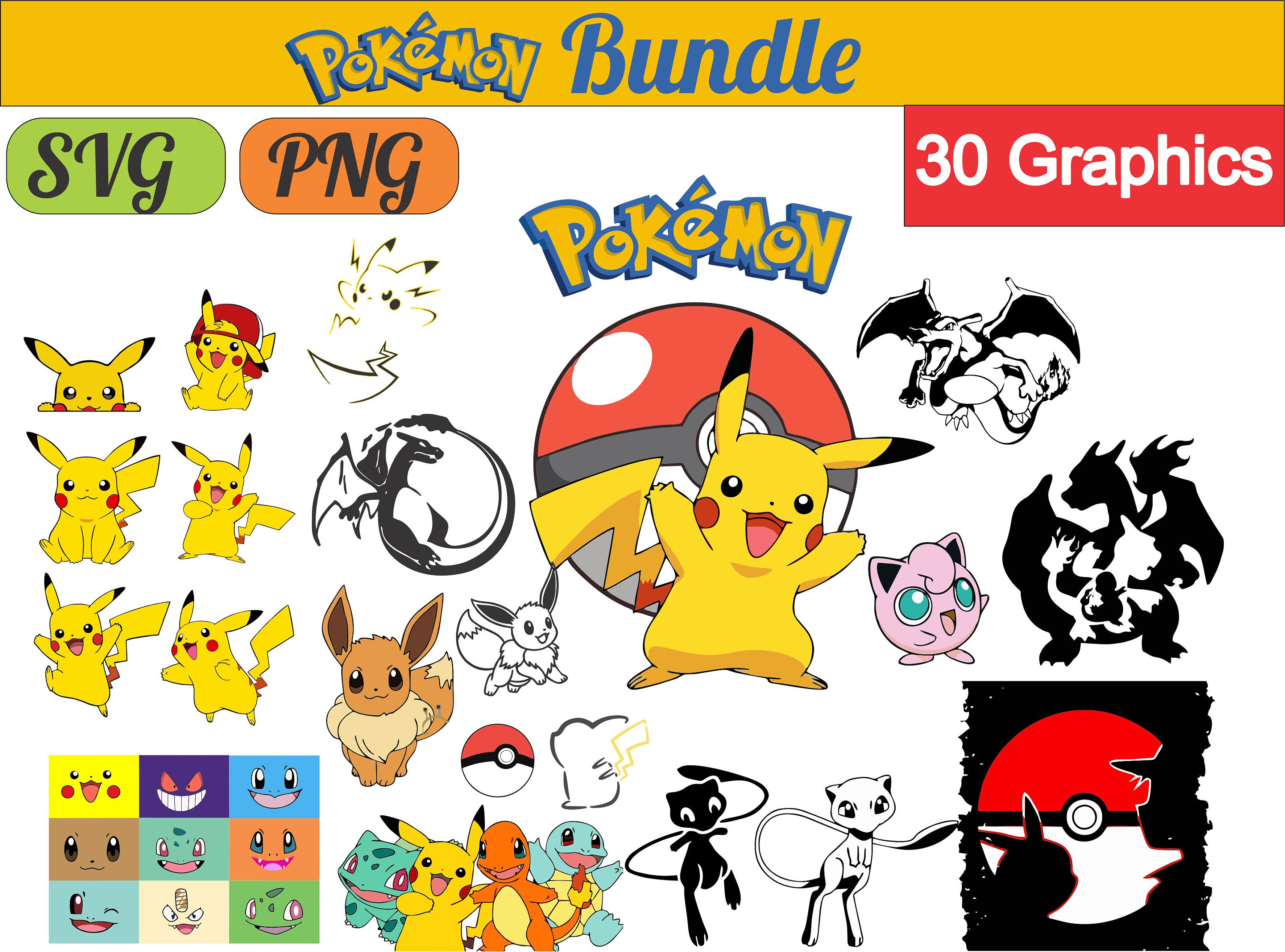 22 Pokemon Face Svg Big Bundle Pikachu Snorlax Clipart Cut 