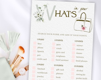 Whats in your purse game, Whats in my purse scavenger hunt game, Ladies night games, Girls night games, Fun bridal shower games