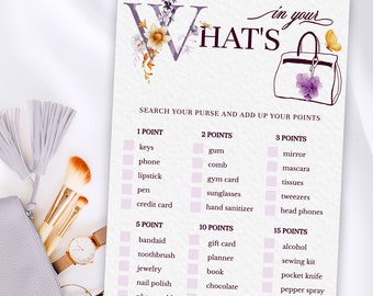 Whats in your purse game, Whats in my purse scavenger hunt game, Ladies night games, Girls night games, Fun bridal shower games