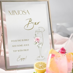 Mimosa bar sign printable, Bubbly bar sign, Pink bridal shower sign, Wedding shower sign, Baby shower sign