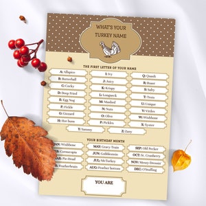 Whats your turkey name game, Printable holiday games for adults and kids, Friendsgiving games, Thanksgiving games, Family reunion games