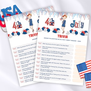 4th of July trivia questions, July 4th trivia game for adults and kids, Patriotic US trivia night, Fourth of July holiday printable quiz