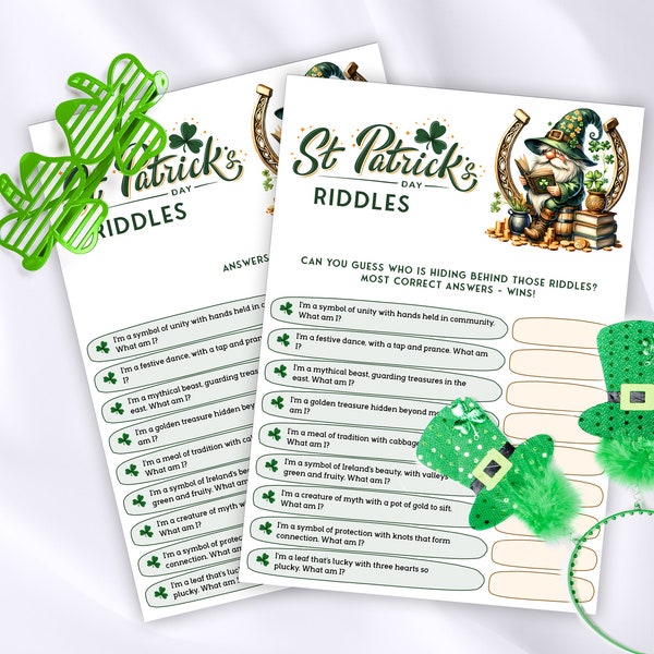 St Patricks Day riddles game for kids with answers, Riddle me this St Pattys Day game, St Paddys Day printable games for boys, girls & teens