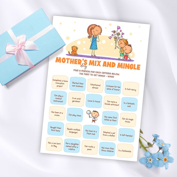 Funny Mothers Day game printable find some one who, Mothers Day brunch find the guest bingo, Dia de la Madre human bingo, Get to know you