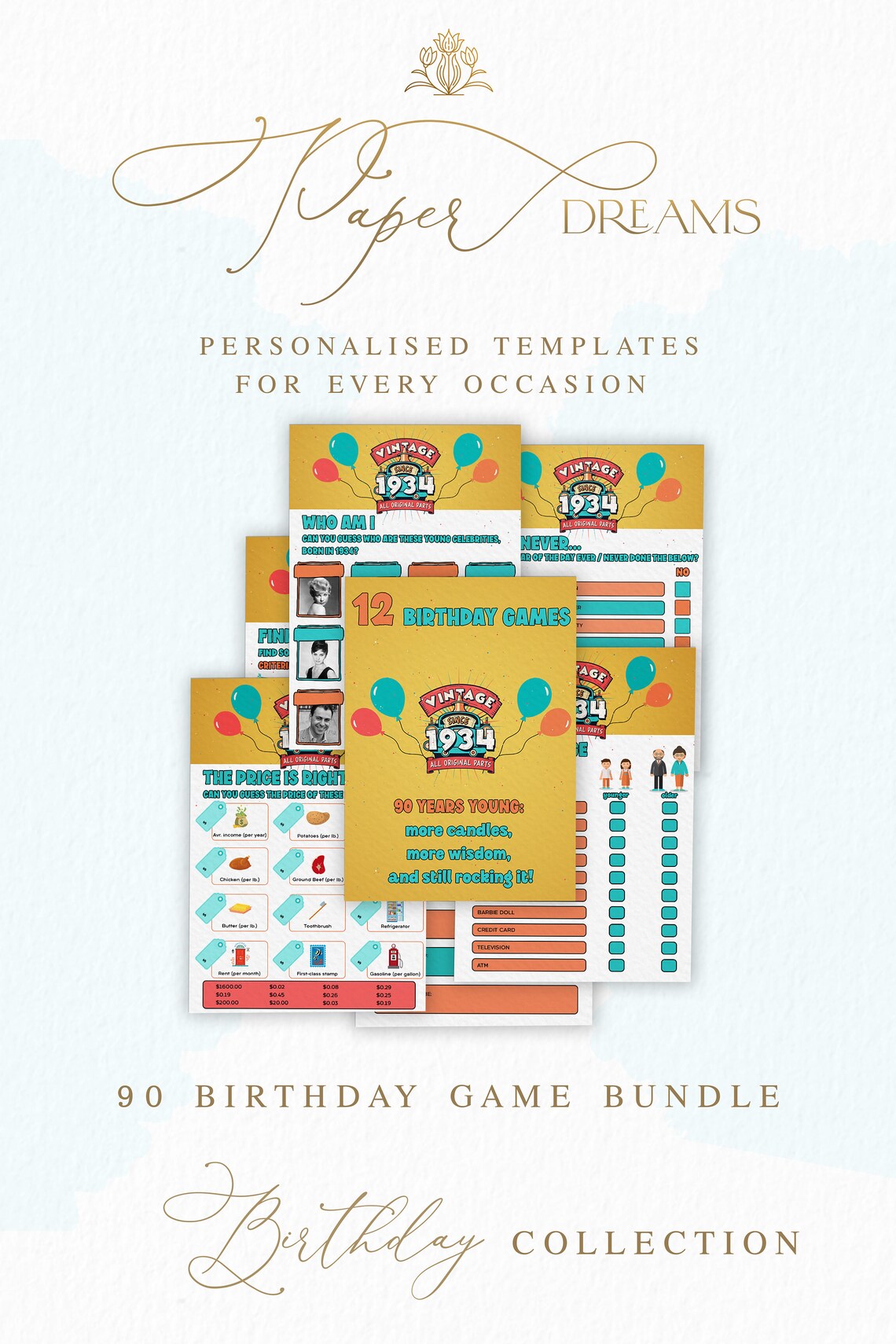 90 and Fabulous, Instant Download 90th Birthday Party Games, 90th