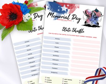 Memorial Day Amerikaanse staten afdrukbare quiz, Memorial Day trivia vragen, Memorial Day trivia spel voor volwassenen en kinderen, Patriottische Amerikaanse trivia-avond