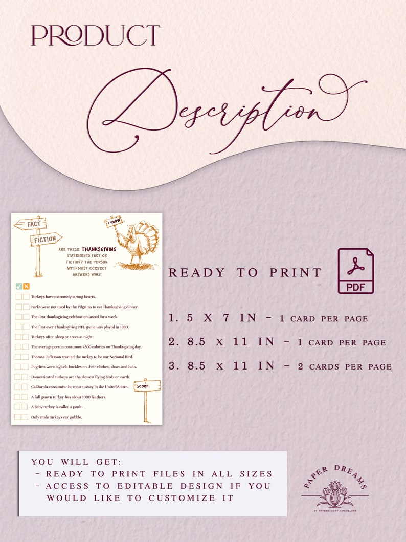 Digital printable fact or fiction thanksgiving game template, thanksgiving design, brown, yellow and beige color theme. Size: 5x7IN.