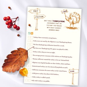 The fact or fiction thanksgiving game features thanksgiving theme in brown, yellow and beige colors.