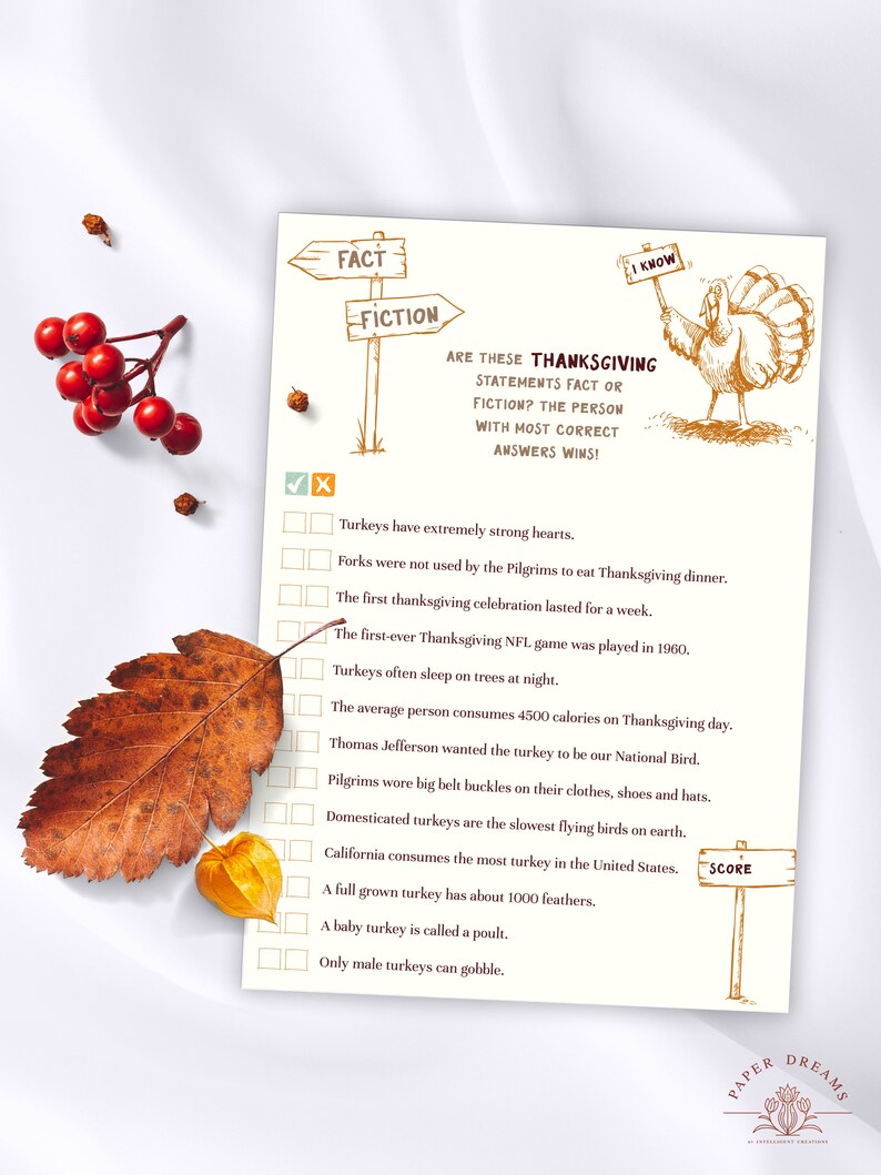 The fact or fiction thanksgiving game features thanksgiving theme in brown, yellow and beige colors.