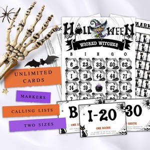 May include: A set of printable Halloween bingo cards with a black and white witch illustration. The cards feature numbers 1-75 and the words "Wicked Witches" and "Bingo". The set also includes calling lists and markers. The text "Unlimited Cards", "Markers", "Calling Lists", and "Two Sizes" is visible on the image.