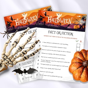 Halloween-spel met feiten of fictie, spookachtige digitale download triviavragen met trivia-antwoordblad, vakantietrivia, pubquiz, bartrivia