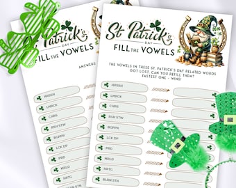 Fyll i vokalerna St Patricks Day-spel för barn, St Patricks Day-festspel, St Patricks Day-utskrivbara spel, St Patricks Day-spel för pojkar och flickor