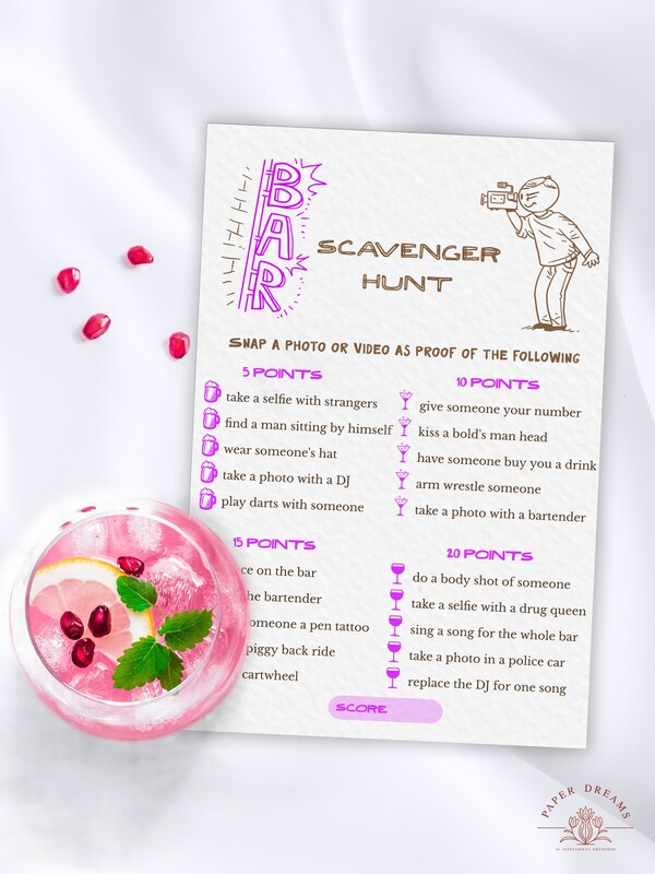 Bar Crawl Scavenger Hunt, Printable Bar Hopping Game for a Birthday Bar
