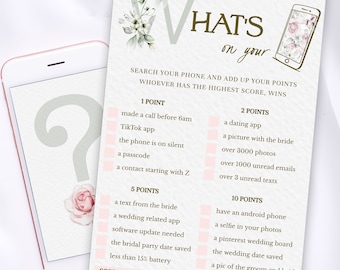 Whats on your phone game, Whats in your phone game, Phone scavenger hunt, Bachelorette games, Bridal shower games, Wedding shower games
