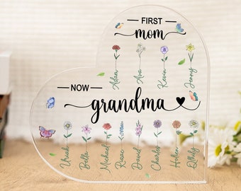 Targa acrilica con cuore personalizzato per la prima mamma, ora nonna, regalo per la festa della mamma, regali per la nonna, regalo per la mamma, fiori del mese di nascita regalo per la nonna