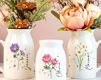 Personalized Birth Flower Ceramic Vase With Name, Friendship Gifts,Flower Vase with Constellation Sign,Birthday Gift,Gift for Her,Decor Vase