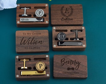 Personalised Metal Cufflinks Wood Box,Engraved Cufflink with Box,Custom Cufflink & Tie Clip Set,Best Man Gift,Groomsmen Proposal,Invite