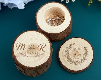 Personalized Wooden Rustic Ring Box, Custom Engagement Proposal Ring Box, Ring Bearer Box, Wood Log Ring Box, Newly Wed Couple Gifts for Her