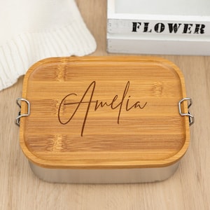 Personalized Lunch Box with Name,Custom Lunch Box for Her and Him,Stainless Steel Bread Box,Wooden Lid Snack Box,Food Container,Kindergarten