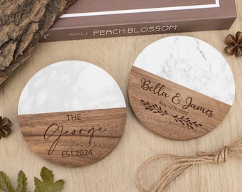 Personalized Engraved Marble Wood Coaster Set, Custom Housewarming Gifts Ideas, Anniversary|Engagement|Wedding Gift, Coasters for Newly Wed