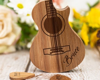 Cadeau personnalisé de la fête des Pères, boîte de sélection de guitare en bois personnalisée, cadeau d’anniversaire pour lui, boîte de support de plectre pour les choix, kit de choix de guitare, amateurs de musique