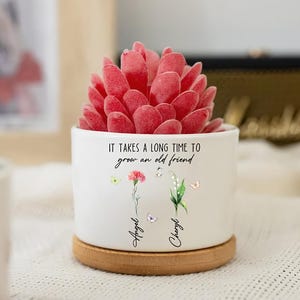 Puede incluir: Una maceta de cerámica blanca con una suculenta roja, sobre una base de madera. La maceta tiene el texto "IT TAKES A LONG TIME TO grow an old friend" con los nombres "Angel" y "Cheryl" debajo de ilustraciones florales.