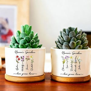 Custom Grandma's Garden Plant Pot, Personalized Birth Flower Ceramic Planter, Mothers Day Gift for Nana, Gift from Grandkids, Family Flower
