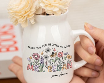 Personalized Teacher Vase,Appreciation Gift,Thank You for Helping Me Grow Ceramic Vase,Teaching Assistant,Thank You Gift for Her,Flower Vase