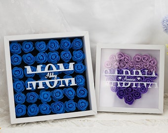 Custom Heart Shadow Box, Gift for Mom Grandma Nana, Mothers Day Gift, Name Flower Shadow Box, Birthday Gifts for Her, Rose Frame Shadow Box