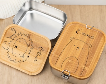 Personalized Kids Lunch Box with Name, Wooden Lunch Box for Kids, Children's Bread Box with Cute Animals, Eco-Friendly Snack Box for Kids